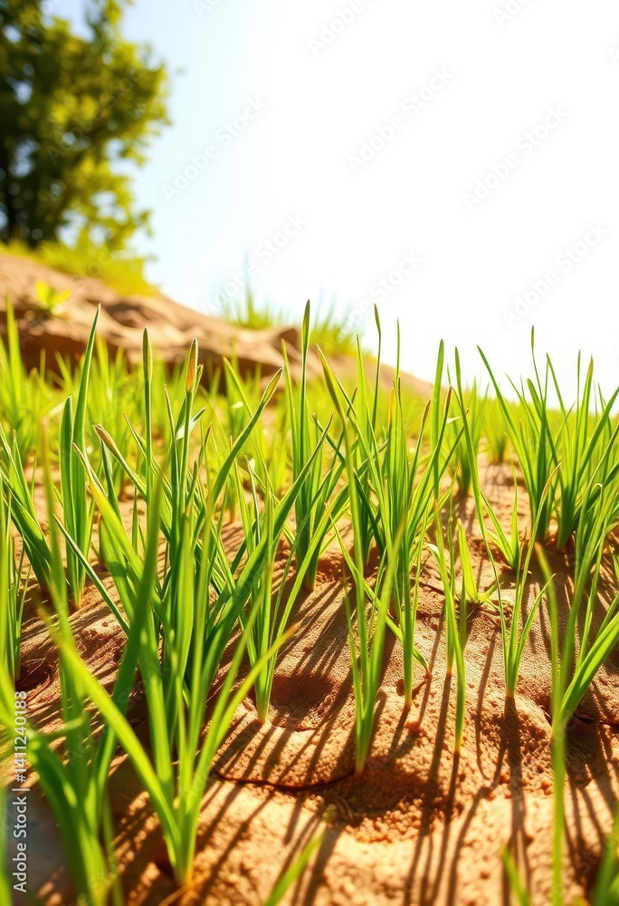Fototapeta premium Vibrant green grass meets warm sandy earth under bright sunlight, illustration, soil