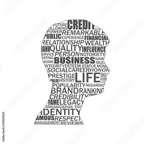 Young man improving reputation concept. Businessman head icon filled with relative keywords