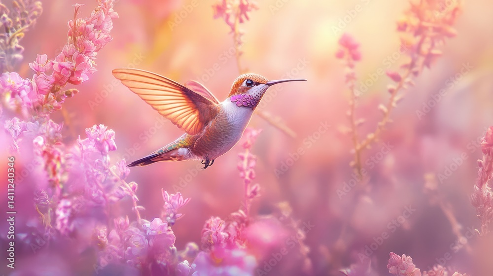 Naklejka premium A beautiful hummingbird flying amongst bright and colorful pink flowers