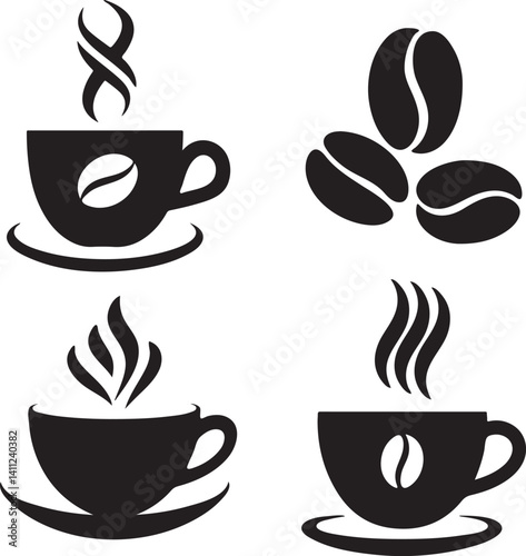 Coffee Cup and Beans Silhouette Logo Set