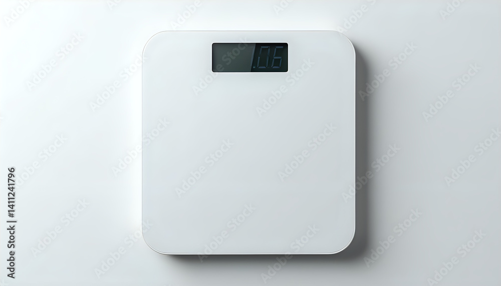 A white bathroom scale on a white surface. A white bathroom scale on a white surface.