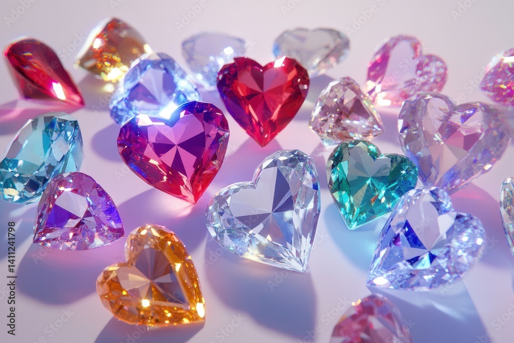 Fototapeta premium Scattered collection of heart shaped gems in various colors on light surface