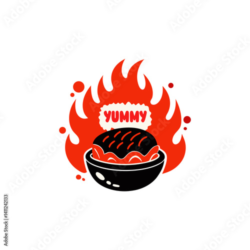 A vector graphic of a barbecue grill with an open lid and smoke and flames