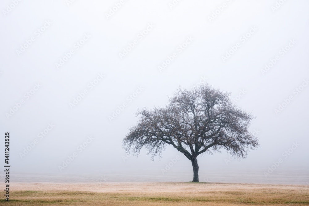 lone tree stands enveloped in gentle fog its silhouette softened by fog minimalistic scene offering expansive copy lone tree stands enveloped in gentle fog its silhouette softened by fog minimalistic scene offering expansive copy