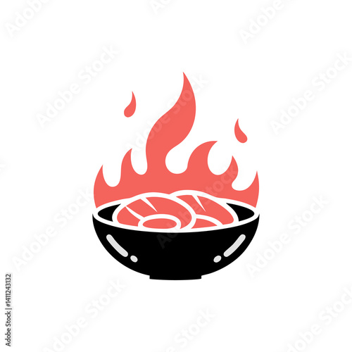 A vector graphic of a barbecue grill with an open lid and smoke and flames