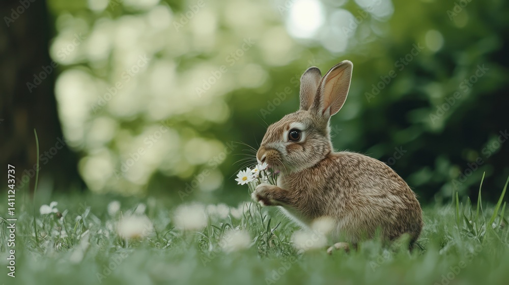 Fototapeta premium A Cute Rabbit Is Eating Flowers In A Green Meadow