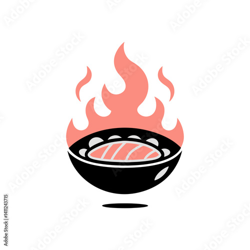 A vector graphic of a barbecue grill with an open lid and smoke and flames