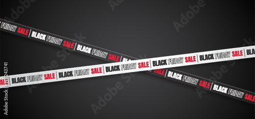 Black and white ribbons with Black Friday Sale lettering on a black background. Ribbon design for ads, online stores, and websites. Perfect for highlighting discounts and promotions.