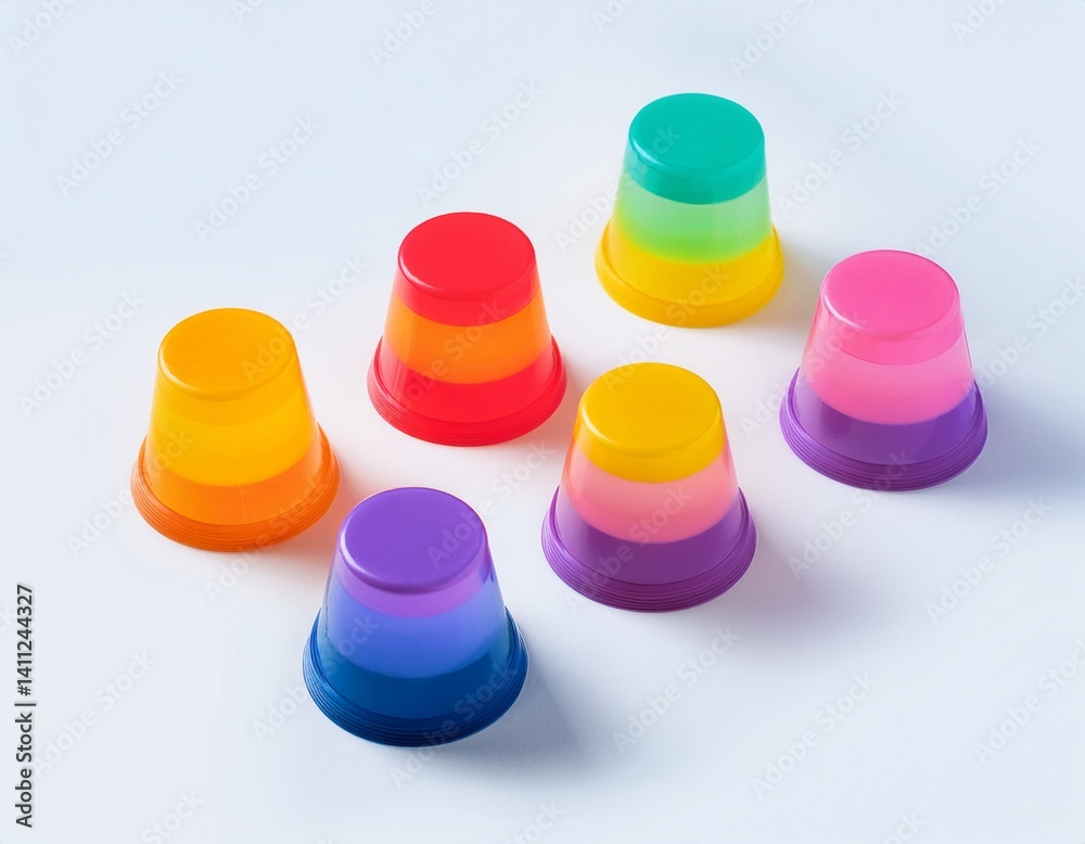 Generation Alpha food menu: a charming isometric of colorful Rainbow Jelly Cup icons on a white background. Generation Alpha food menu: a charming isometric of colorful Rainbow Jelly Cup icons on a white background.