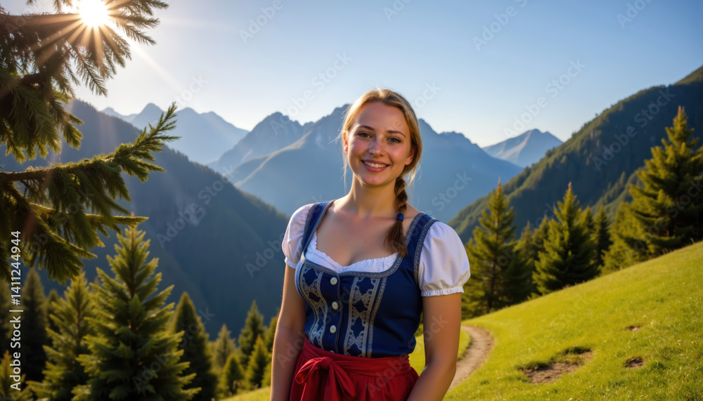 Naklejka premium A smiling woman in a traditional Bavarian dirndl stands in a picturesque alpine meadow, surrounded by mountains and trees.