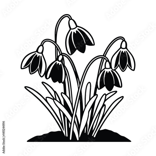 Snowdrop Flowers Vector Silhouette With Thick Outline For Laser Engraving