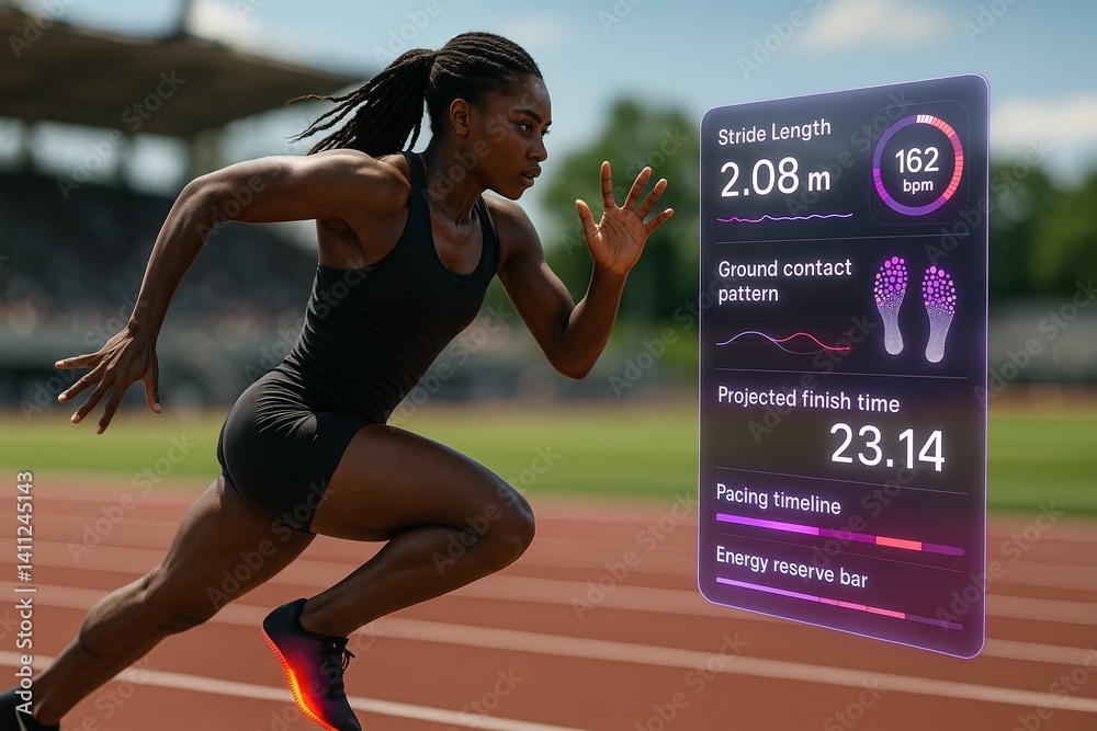 African female athlete sprinting on track with data overlay in outdoor stadium