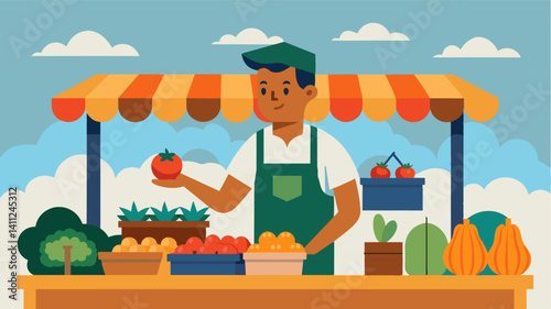 In a corner of the market a vendor was selling fruits and vegetables at premium prices taking advantage of the current state of soaring food costs.. Vector illustration