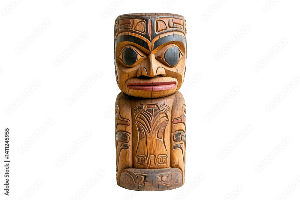 Wooden statue of a person with a black face and red eyes