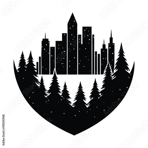 A city skyline merging into a forest on white background