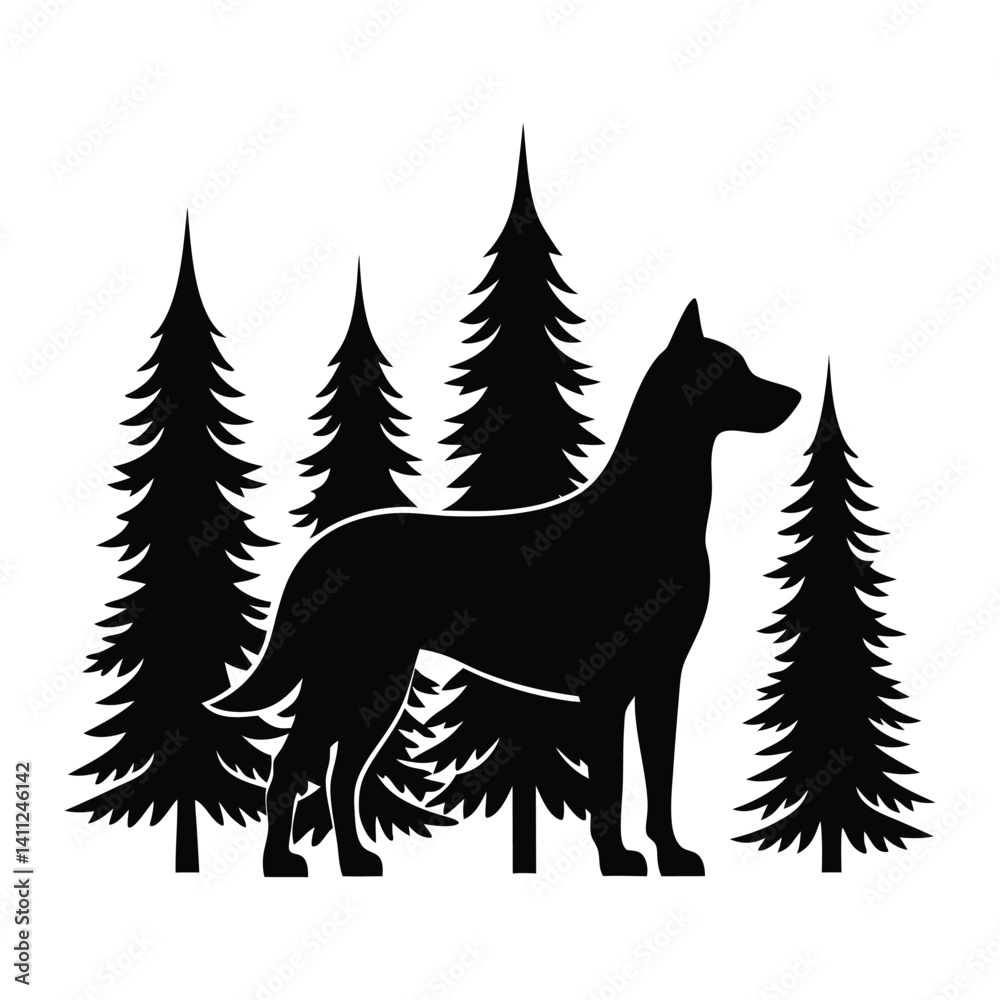 A dog with a forest in its silhouette on white background. A dog with a forest in its silhouette on white background.
