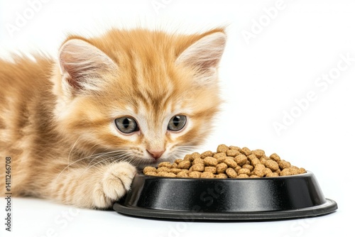 Obraz na płótnie Kitten is eating from a black bowl of cat food w salonie