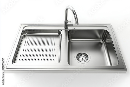 Stainless steel sink with drainer in modern kitchen with marble countertops and plants, clean and sleek design.