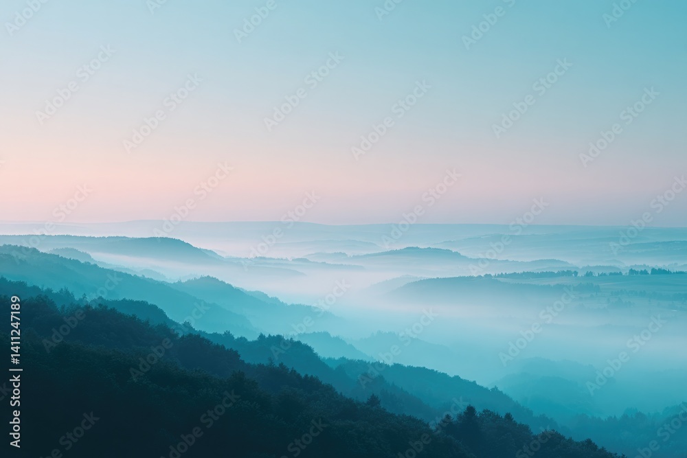 Fototapeta premium serene landscape shrouded in mist with light drifting smoke sky blending into seamless horizon