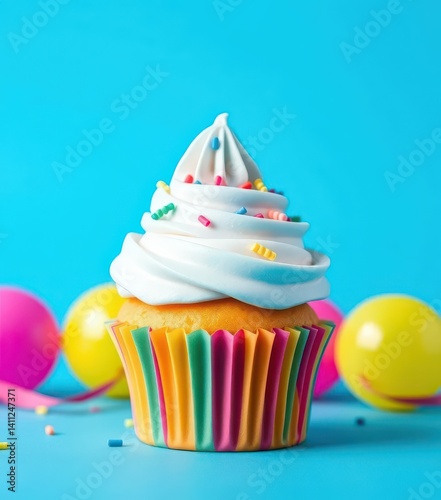 A single, perfectly frosted birthday cupcake sits on a vibrant blue background, yummy, baking, photogenic