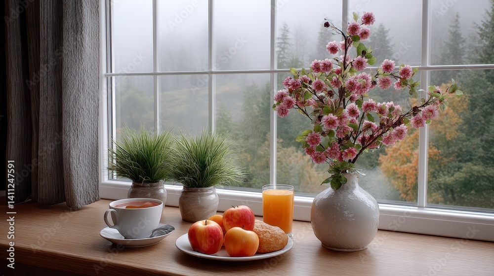 Rainy Day Breakfast Coffee, Pastries and Pink Flowers on Windowsill with Misty Forest View Rainy Day Breakfast Coffee, Pastries and Pink Flowers on Windowsill with Misty Forest View