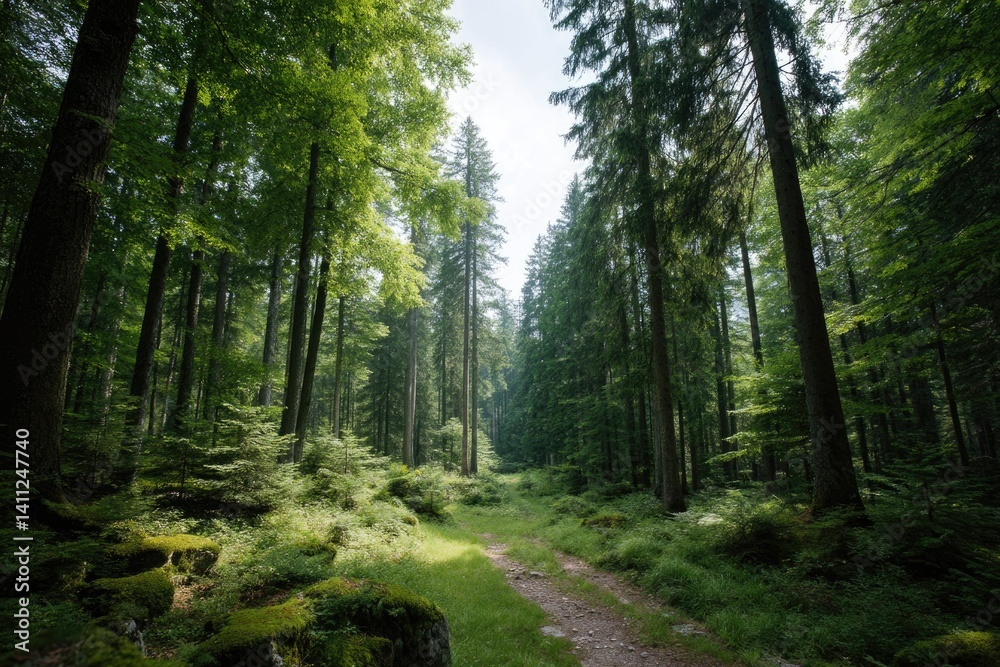 Obraz premium serene vista of dense untouched forest within national park dappled with sunlight filtering through canopy
