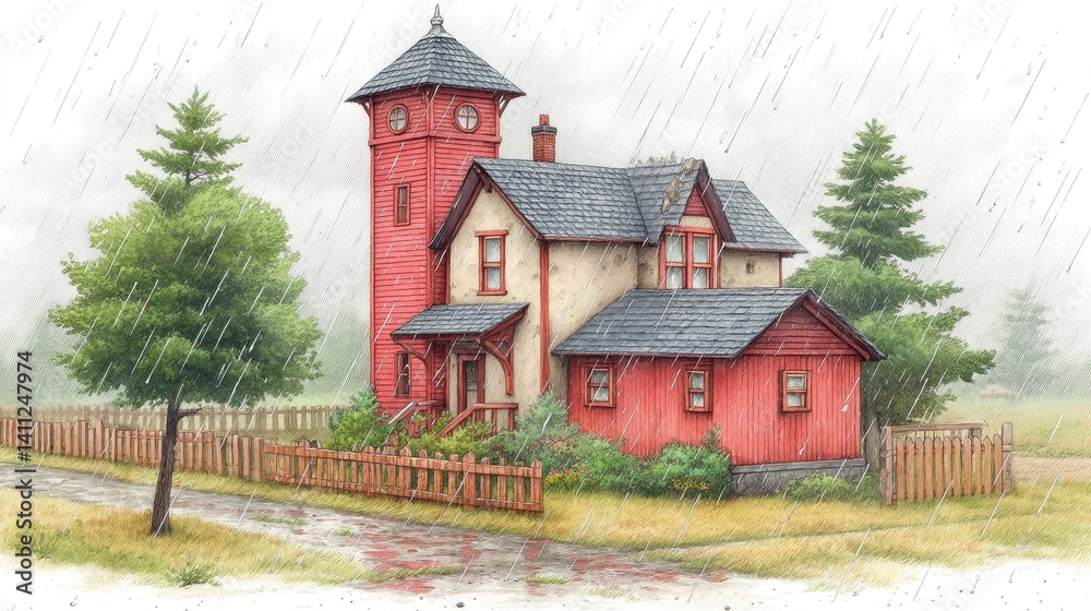 Fototapeta premium Red House Under Snowfall Winter Scene