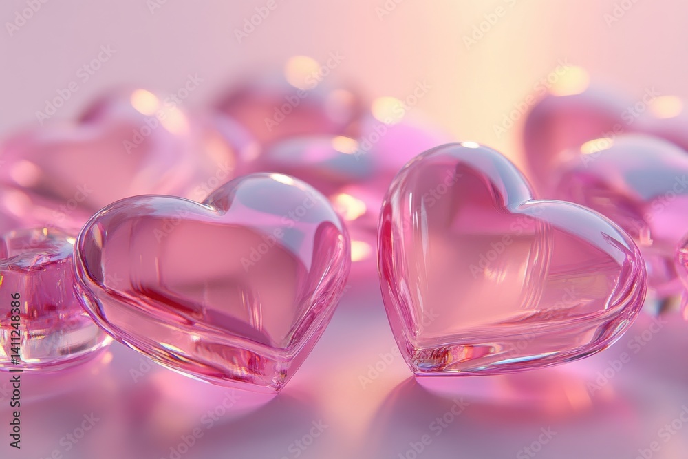 Close up shot of multiple pink heart shaped gems on a light surface Close up shot of multiple pink heart shaped gems on a light surface