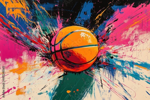 Vibrant and dynamic basketball illustration with energetic brush strokes and colorful explosion of hues