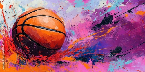 Vibrant basketball-themed artwork with dynamic brushstrokes and energetic background showcasing basketball texture and movement