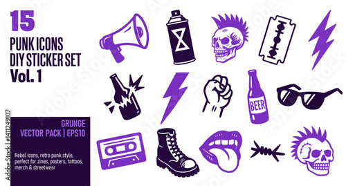 Punk vector icon pack with retro grunge style. Ideal for zines, stickers, posters, tattoos, and alternative fashion design.