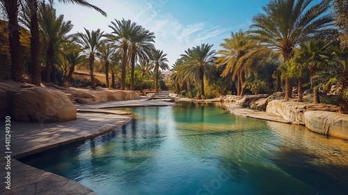 Palm-lined oasis pool, serene and tranquil.
