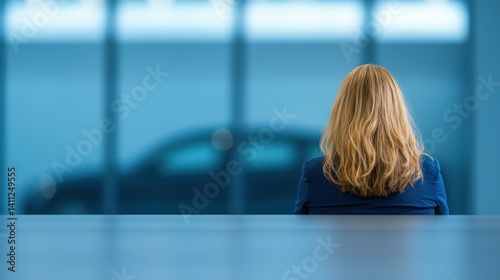 Businesswoman Looking at Car Dealership, Woman considering a new car purchase.
