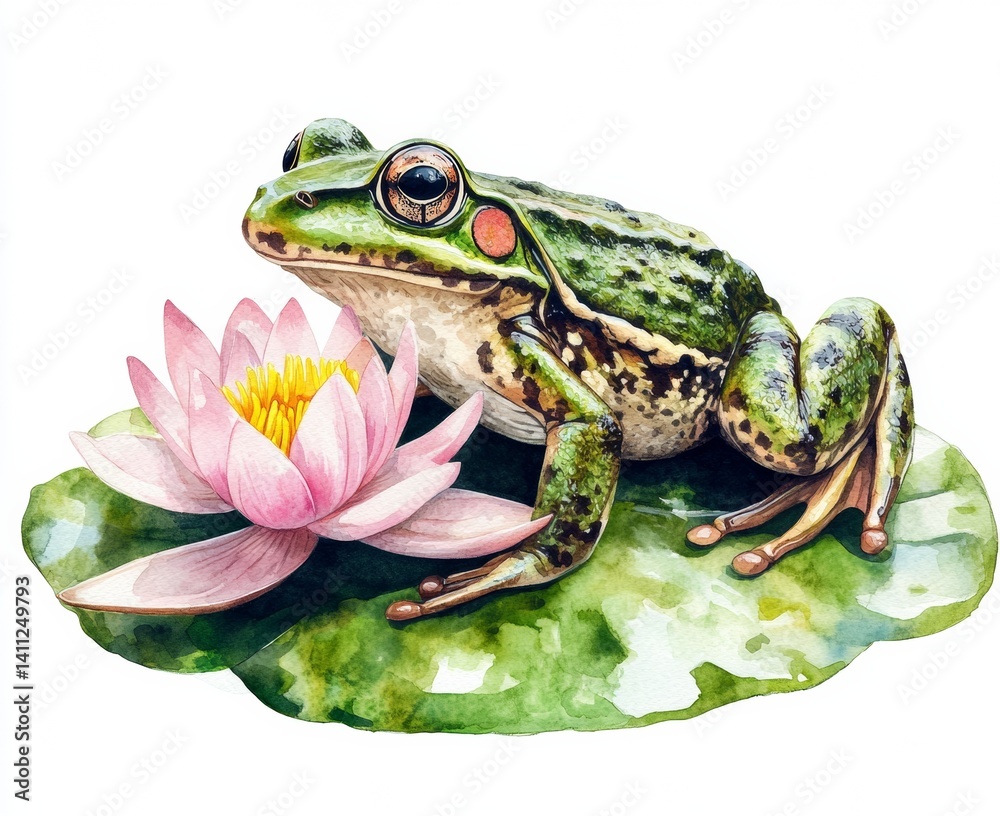 Obraz premium Frog sitting on water lily nature scene colorful illustration garden close-up wildlife art isolate on white background