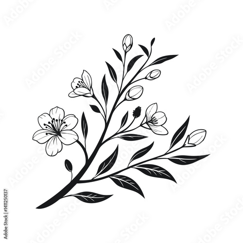 Minimal feminine floral branch vector illustration. Elegant botanical line art with soft aesthetic, delicate hand-drawn flower element