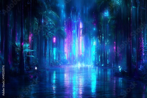 Neon lights illuminate a mystical, tropical forest path. photo