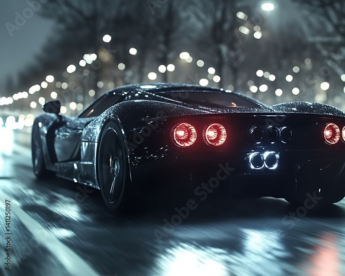 Sleek sports car speeding on a rain-slicked city street at night.