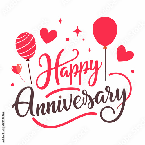 Happy Anniversary Typography with Balloons Vector, Clean and cheerful hand-lettered vector design featuring “Happy Anniversary” with red heart and round balloons, surrounded by sparkles.