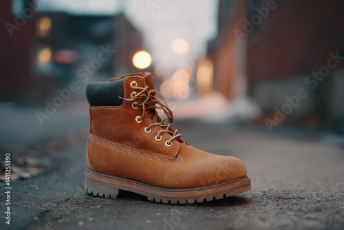 solitary unkempt boot stands in narrow alleyway its laces untied symbolic of journey of homeless dim streetlight casts