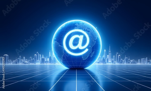 A glowing blue earth with an @ symbol.