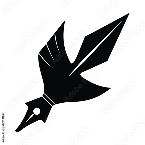 A bird flying from a pen nib on white background.