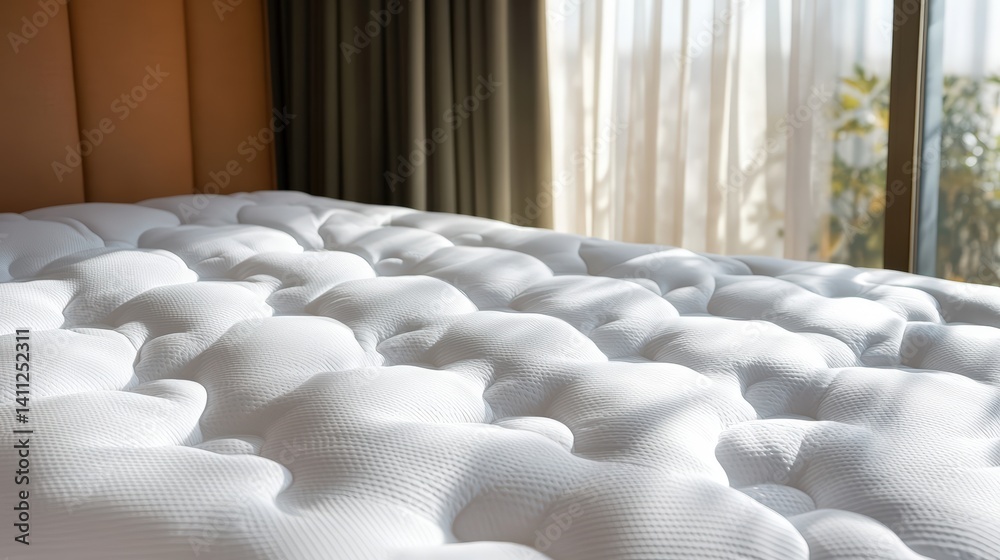 Obraz premium Close-up view of a plush white mattress topper with a quilted surface in a sunlit bedroom featu muted orange walls and sheer curtains, cozy ambiance
