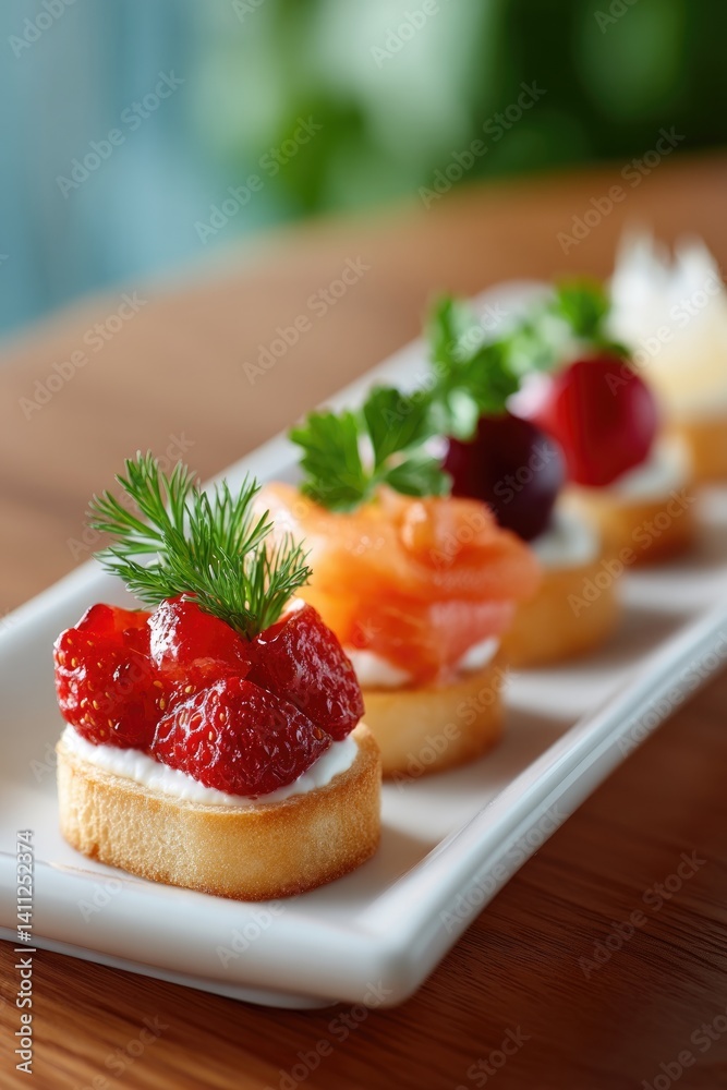 variety of elegant canapés are artfully arranged on white ceramic platter variety of elegant canapés are artfully arranged on white ceramic platter