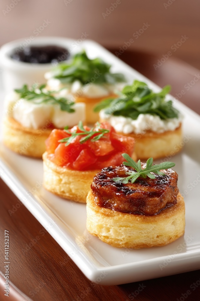 variety of elegant canapés are artfully arranged on white ceramic platter variety of elegant canapés are artfully arranged on white ceramic platter