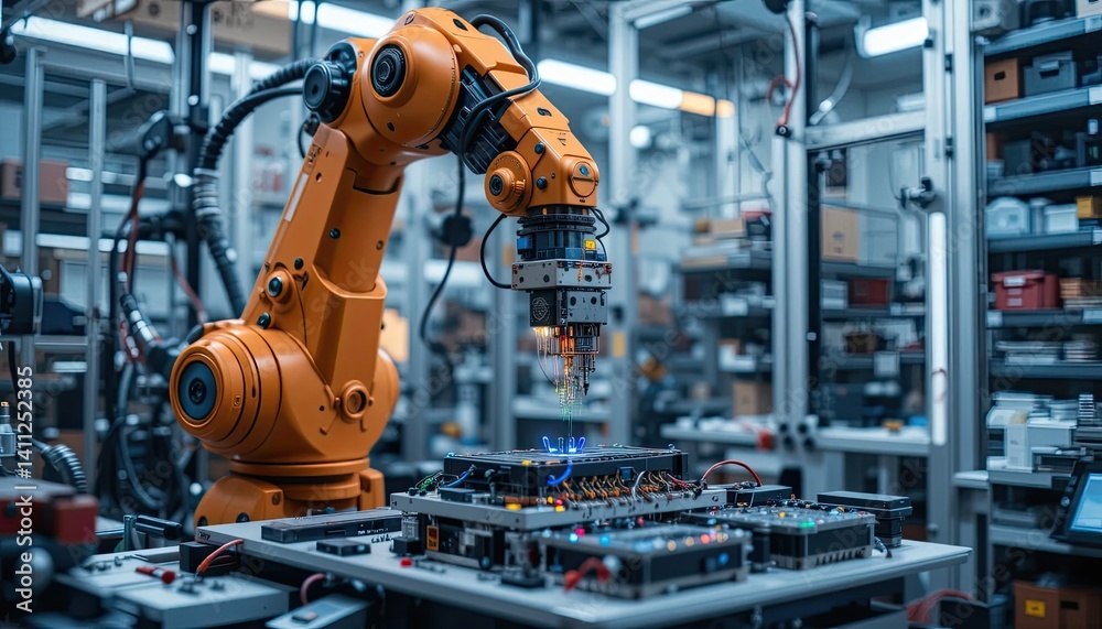 Fototapeta premium Orange Robotic Arm Assembling Circuit Board in Modern Factory Setting