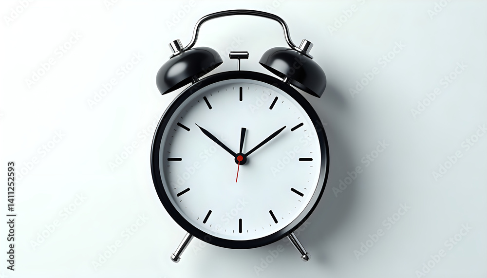 A black and white alarm clock with a red second hand. A black and white alarm clock with a red second hand.