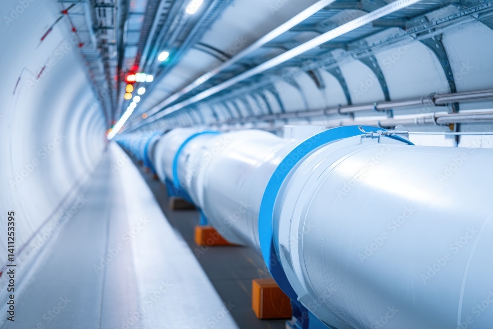 Fototapeta premium wide-angle shot capturing colossal circular tunnel of large hadron collider bathed in ambient lighting stretching seemingly