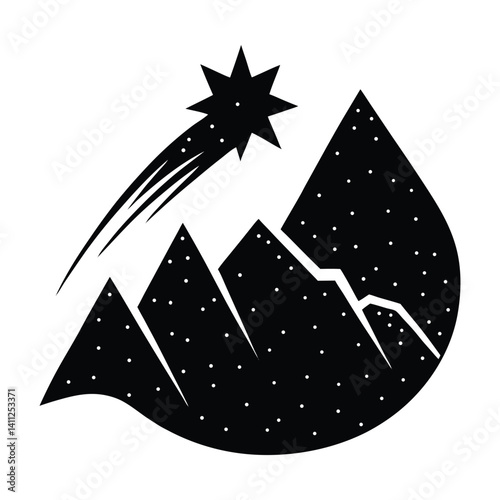 A shooting star forming a mountain ridge on white background.