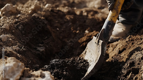 Excavator operator digging deep into a mining site to extract valuable minerals from the earth. Featuring heavy machinery and excavation