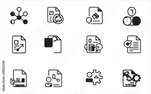 Set of vector line icons of file management, cloud service, document flow and database optimization
